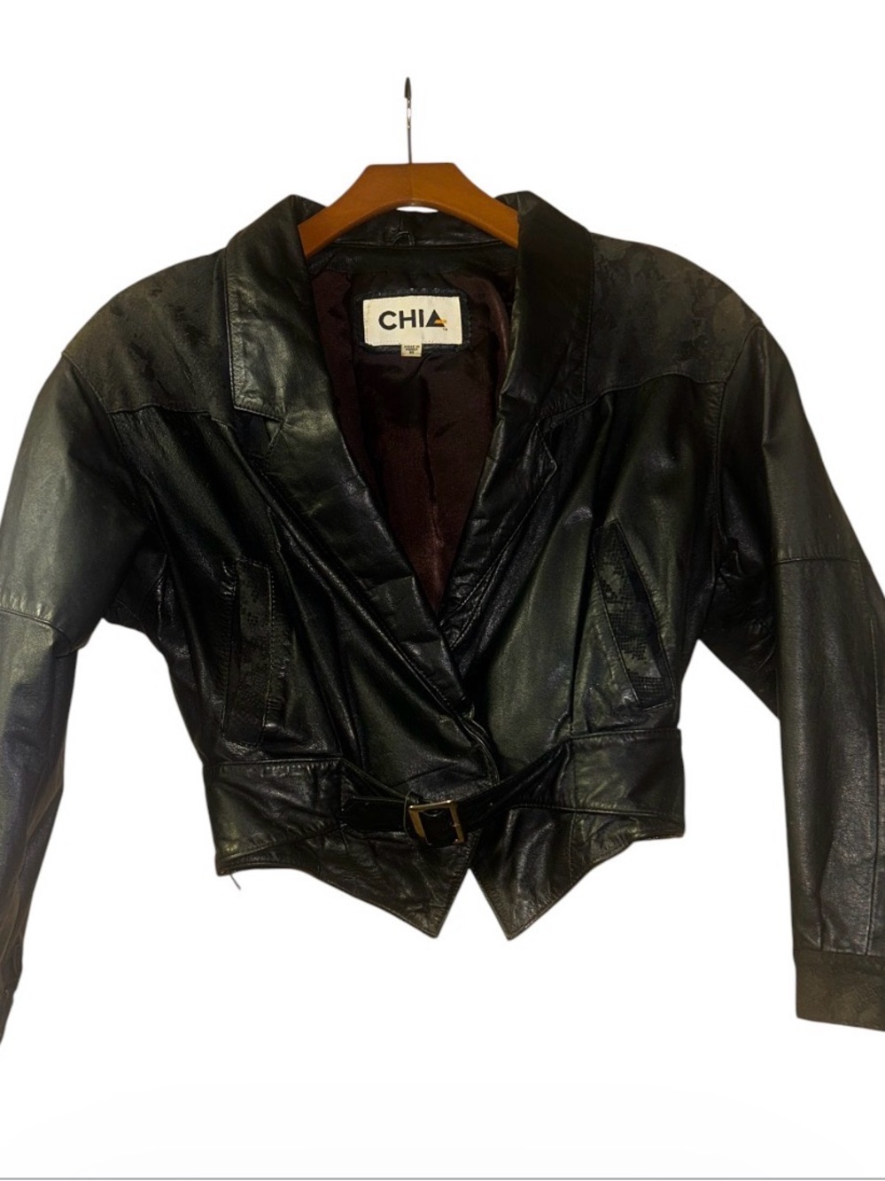 Women's 80’s VTG Black Leather Cropped Belted Jacket